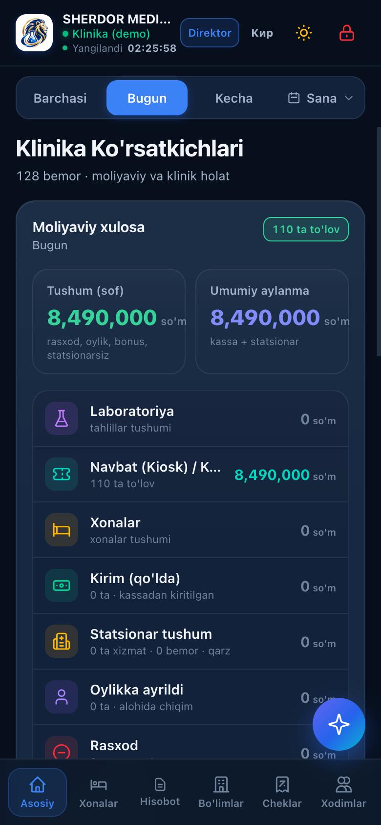 Rahbar ilovasi: asosiy panel — tushum va to'lovlar